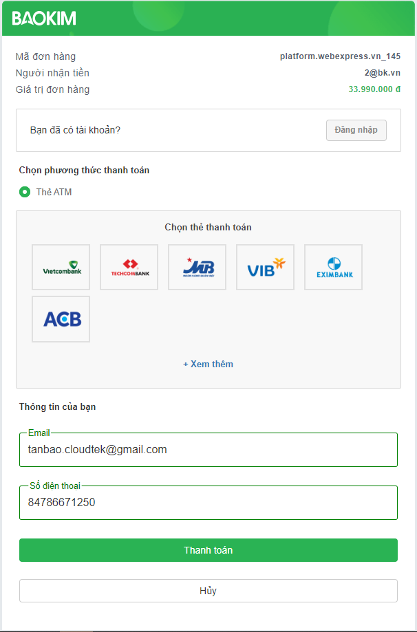 Demo thanh to&aacute;n qua cổng Ng&acirc;n Lượng